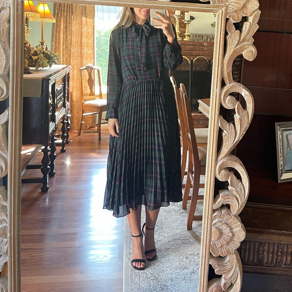 J.  Crew Plaid Tall Tie Neck Pleated A-Line Knee Length Dress